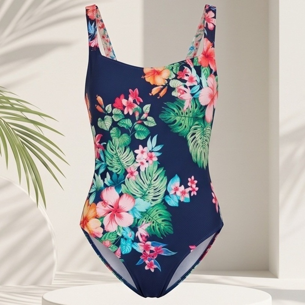 Tommy Bahama M Reversible Floral One Piece Swimsuit Navy Blue Pink Hibiscus NWOT
